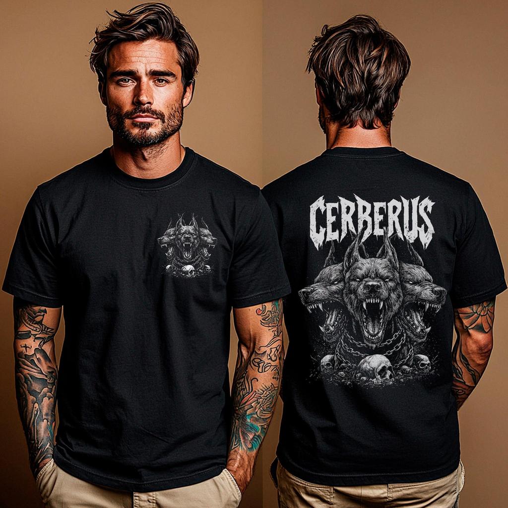 Cerberus Shirt: Gothic Greek Mythology Tee, Three-Headed Hound Design, Metalhead apparel