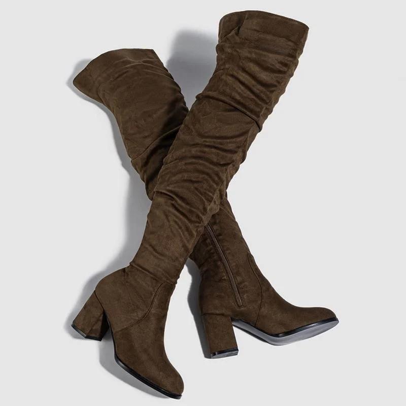 Women Flocks High Thick Heel Long Boots Lady Over The Knee Side Zipper Winter Boots Female Ruffle Office Fashion Boots