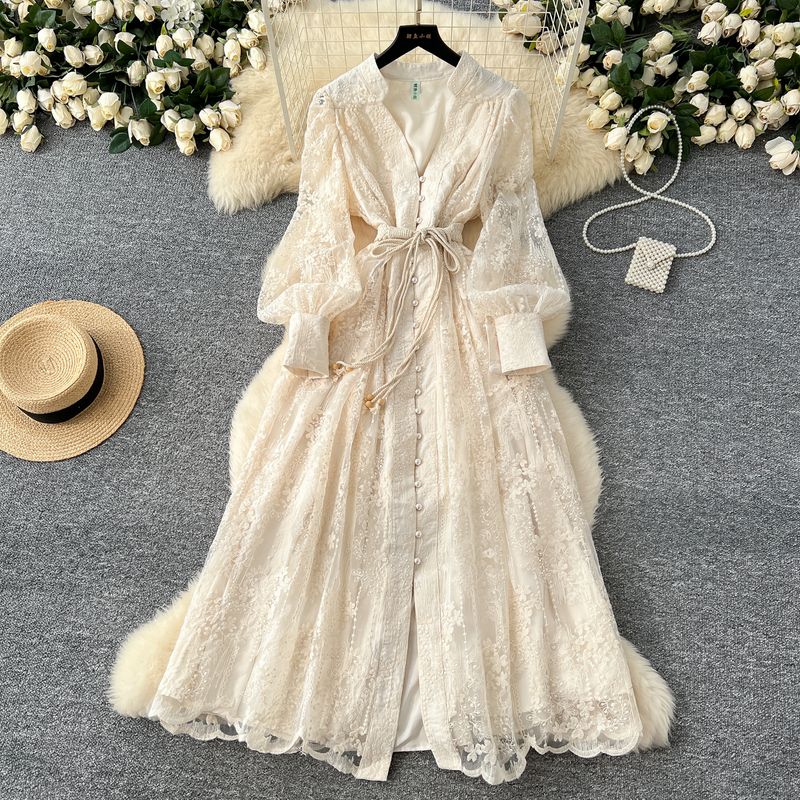 French Style Classy Women's Clothing Dress 2025 Spring Tight Waist Machine Embroidery V-neck Lantern Sleeve Single-Breasted Long Skirt