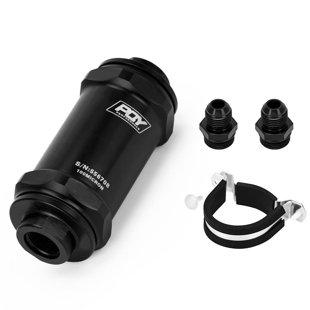 PQY BLACK AN6 / AN8 / AN10 Inline Fuel Filter E85 Ethanol With 100 Micron Stainless steel element and PQY sticker