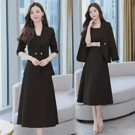 Women's Spring Chic Two-Piece Suit Dress: Mid-Length Suspender Dress with Elegant Style, Available In Plus Sizes