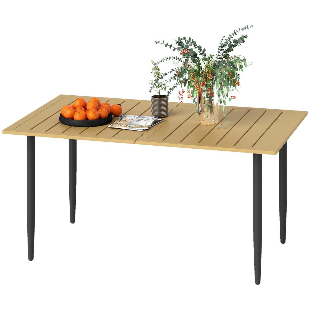 Garden Dining Table, 150 x 90 cm Rectangle Outdoor Table with 5 cm Parasol Hole, Slatted Tabletop and Steel Frame for Patio Balcony