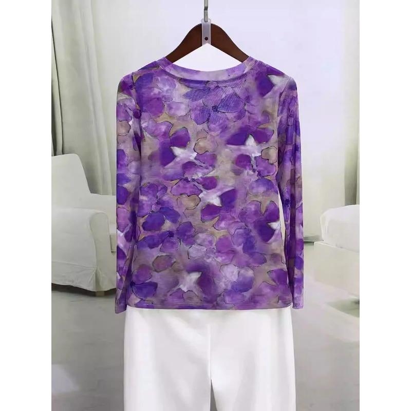 Модный принт, V-образный вырез, сетчатый стрейч, топ с длинным рукавом для женского осеннего нового универсального элегантного пуловера