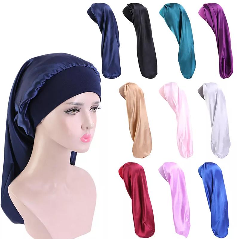 1Pc Silk Satin Bonnet Long Hair Polyester Double Sided Hair Hat Solid Color Dreadlocks Braids Women Night Sleep Cap