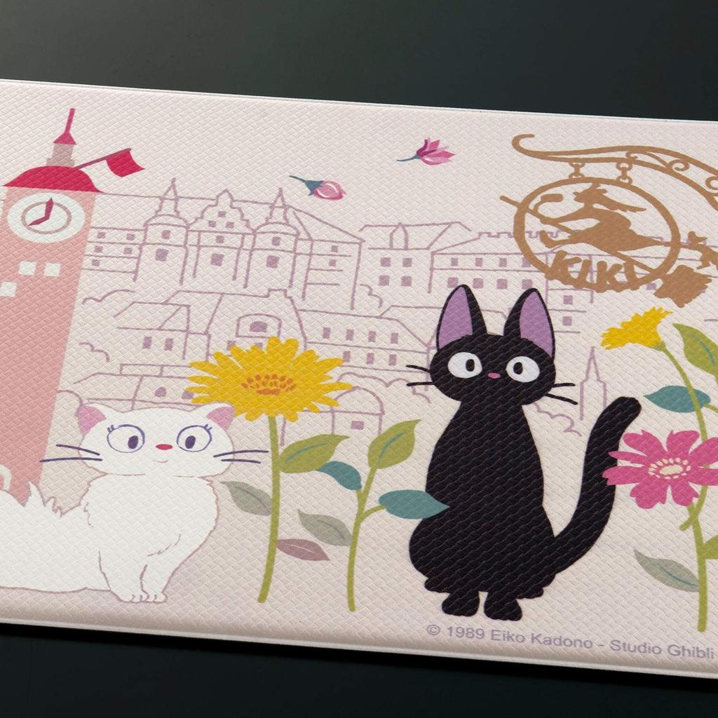 Senko Delivery Service Flower Town Wipeable PVC Kitchen 45 X Character Ghibli 60607 Kiki's Mat, Approx. 120cm, Pink, Jiji, Cat, Design,