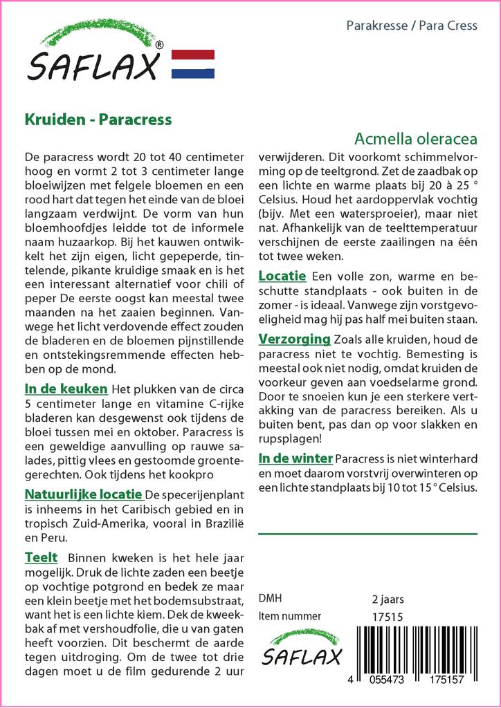 SAFLAX Подарочный набор - Кресс-салат - 500 семян - С подарочной коробкой, карточкой, этикеткой и субстратом для горшков - Acmella oleracea