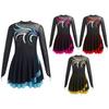 Kids Girls Figure Skating Dance Performance Dresses Rhinestones Mesh Patchwork Long Sleeve Mock Neck Dress Dancewear