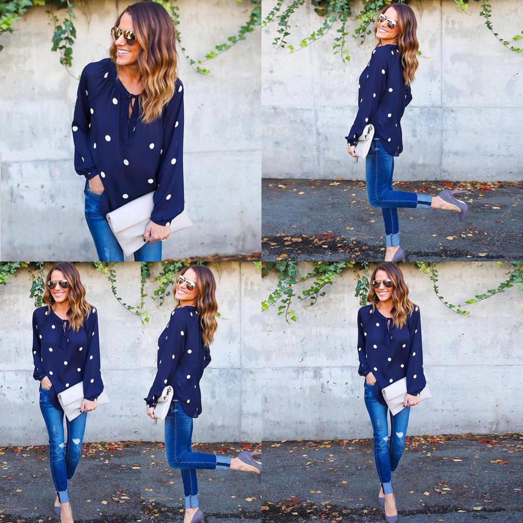 Premium Quality Woman O Neck Long Sleeve Casual Polka Dot Blue Blouse For Everyday Comfort