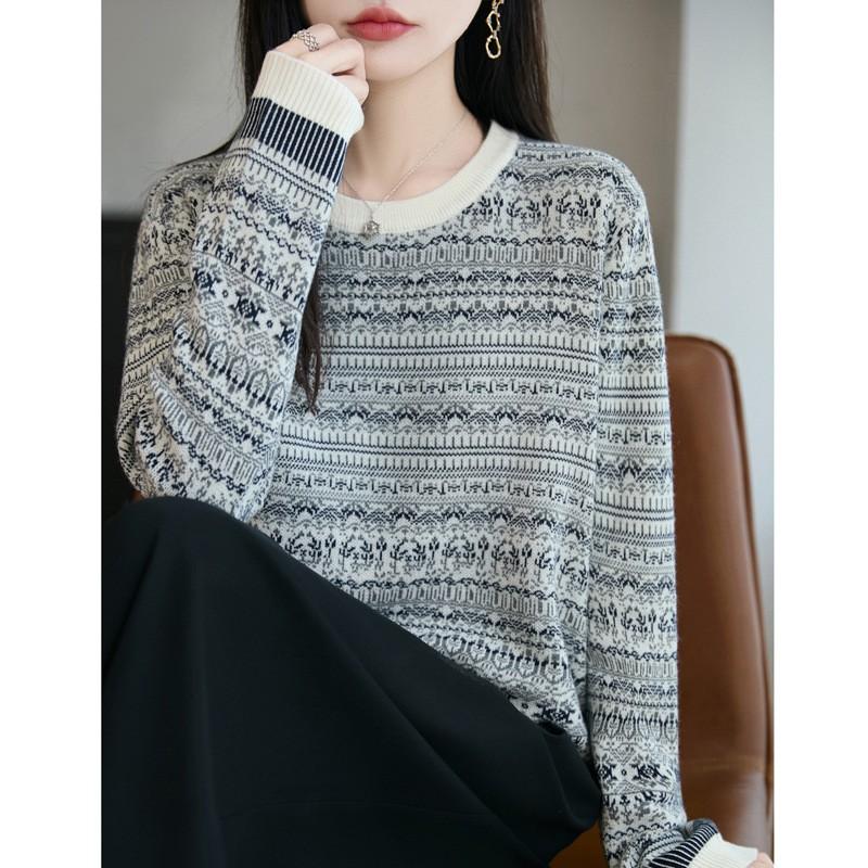 Womens Retro Fair Isle Knit Sweater Loose Fit Wool Blend Pullover Winter Casual Top