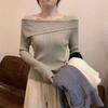 Women Slim Off Shoulder Knit Sweater Slash Neck Long Sleeve Knitwear Jumpers Office Sweater For Women  Autumn Winter