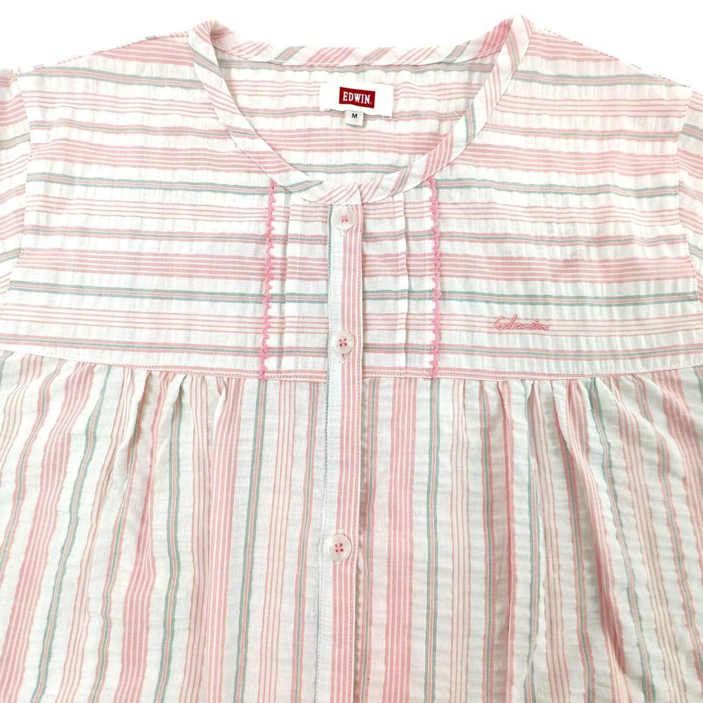 Takihyo EDWIN Long Sleeve Pajama Soccer Check and Stripe Shirt Pink Stripes Women's Set, 100% Cotton, Pattern, Open-Front Pajamas,