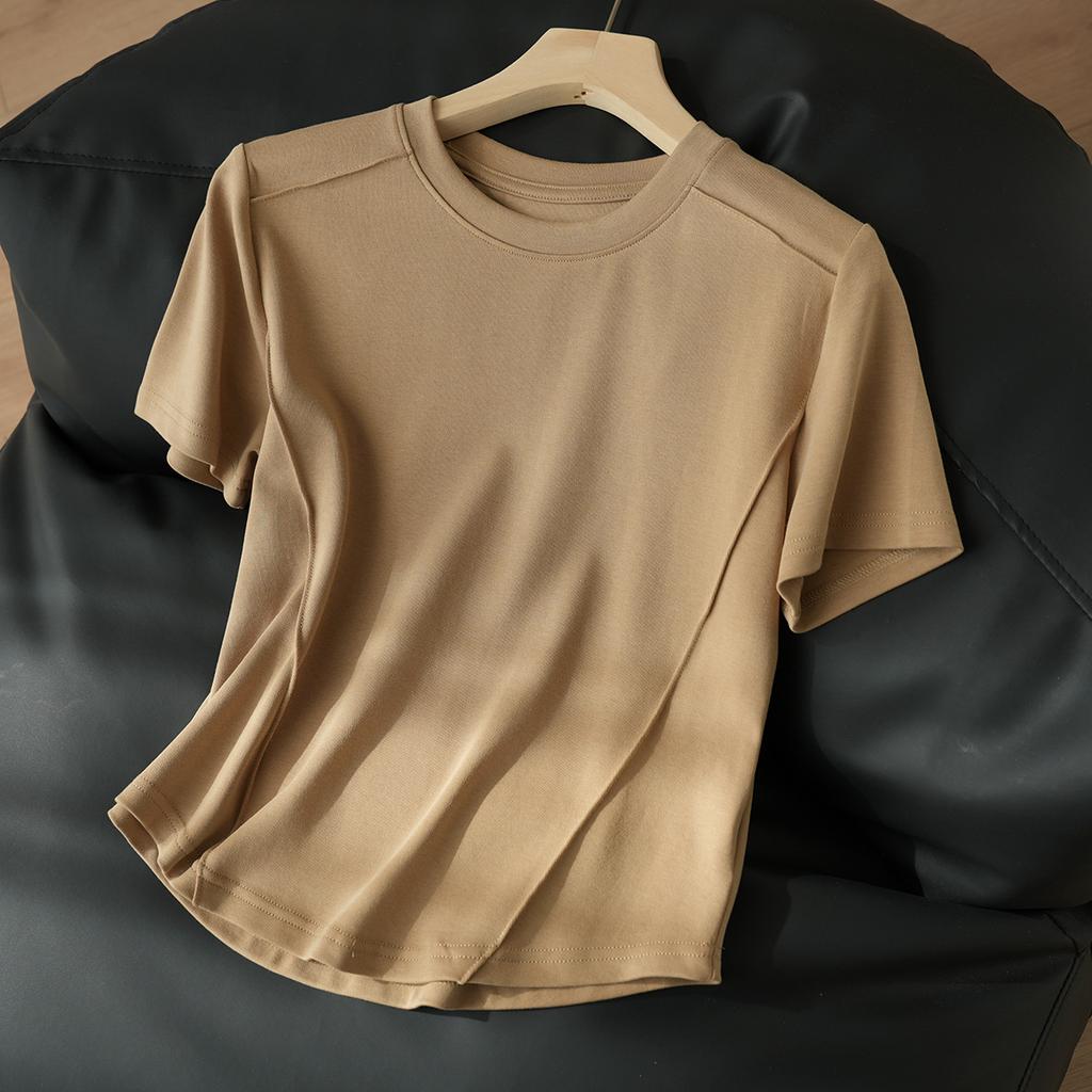 Summer Women's Round Neck Short-sleeved Three-dimensional Lines Design Sense of High Elastic Thread Cotton T-shirt