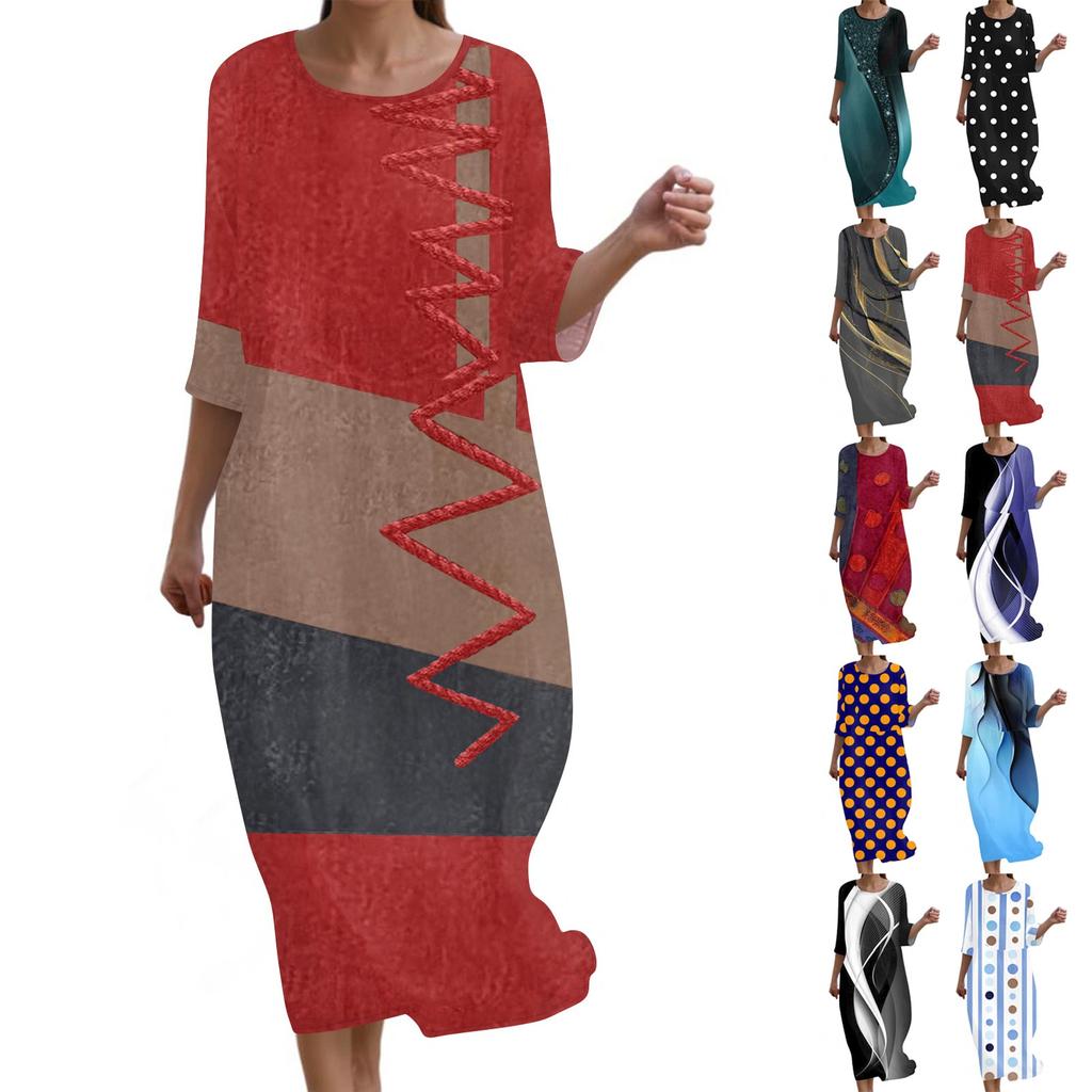 Женское модное платье свободного кроя с принтом, круглым вырезом и рукавом три четверти