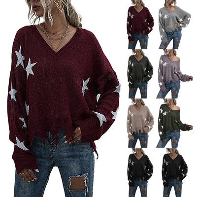 Женский повседневный рваный топ с v-образным вырезом и длинными рукавами