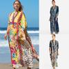 European & American Beach Print Long Robe: Stand-up Collar Seaside Holiday Bikini Cover-up & Sun Protection Shirt.