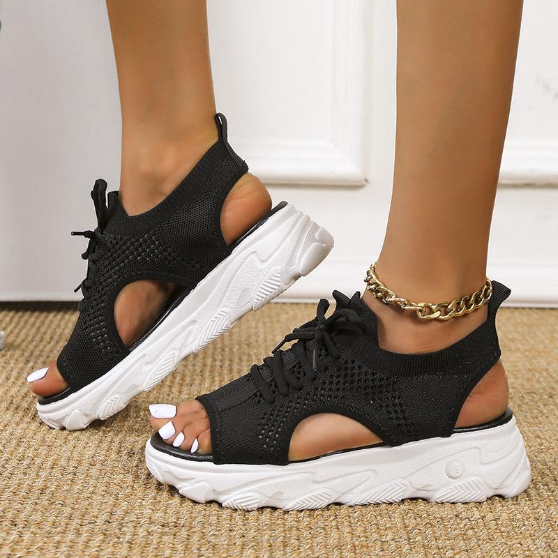 Women's Casual Sandals Summer Casual Breathable Mesh Open Toe Lace Up Sports Sandals 2024 New Outdoor Platform Knit Sandals 42