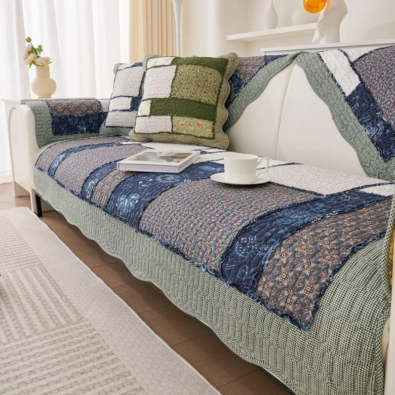 Подушка для дивана из хлопка Four Seasons Universal Splicing Pastoral Style Couch Подушка для дивана Трехцветная деревянная кромка для ушей Нескользящий чехол для дивана
