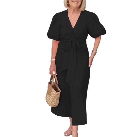 Летнее платье макси с V-образным вырезом, шнуровкой на талии, рукавами-фонариками, однотонное, свободное