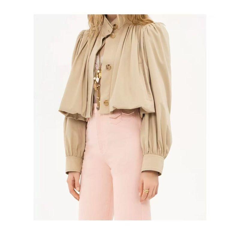 Счетчик То же Zbzr Осень Новые Женская одежда Западный стиль Мода Воротник-стойка Рукав-фонарик Дизайн со складками Чувство Топ