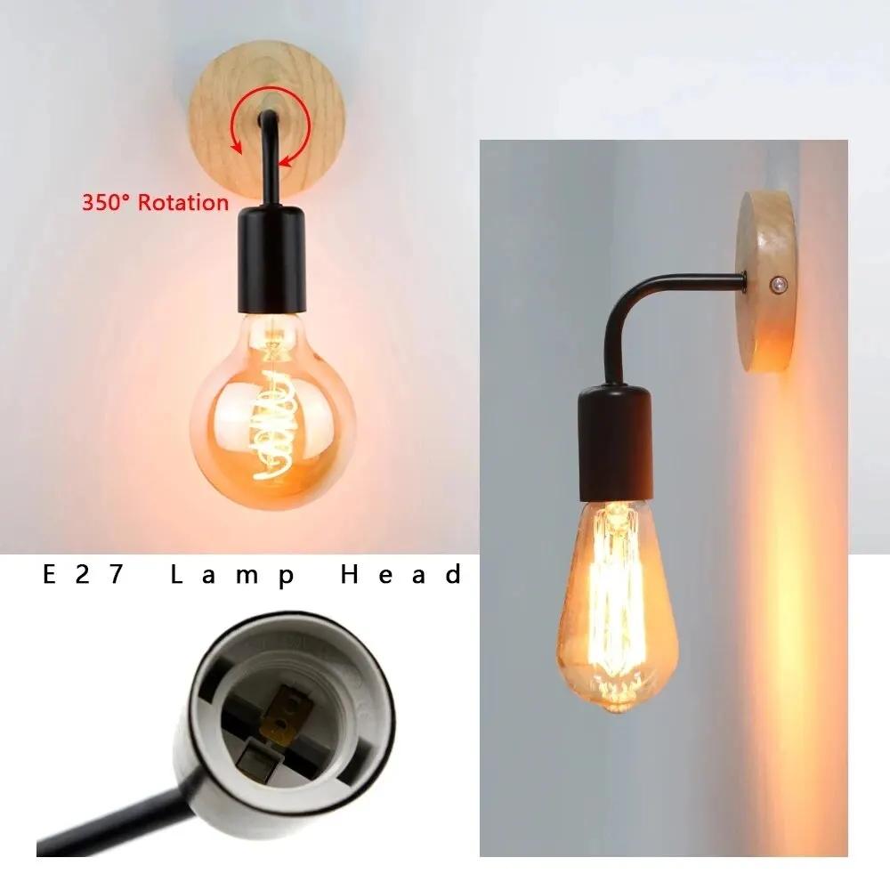 Wood Wall Lamp Vintage Sconce Wall Lights Fixture E27 Bedside Retro Vintage Lamp Industrial Decor Dining Room Bedroom Light
