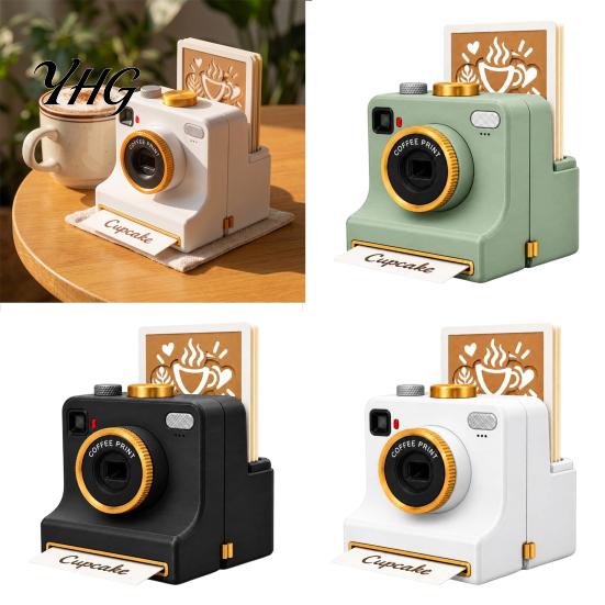 Beverage Topping Decorator 3D Printed Latte Art Camera, Manual Coffee Powder Printer with Retro Camera Design Tool Template Cards, Cocoa Cinnamon