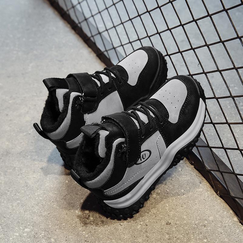 Осень и зима новые круглый носок бархатные теплые толстая подошва увеличивающие рост кожаные зимние ботинки дети среднего и старшего возраста студенты мужского и женского пола с