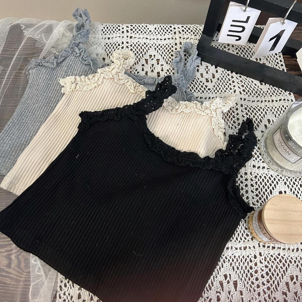 Korean-Style Girls' Lace Ribbed Tank Top - 2025 Spring/Summer Slim Fit Base Layer