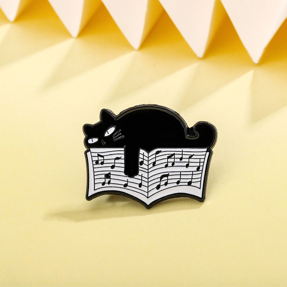 Breastpin Black Cat Enamel Pin Purring Kitten Beating Note Brooch Cool Piano Cat Badge  Gift
