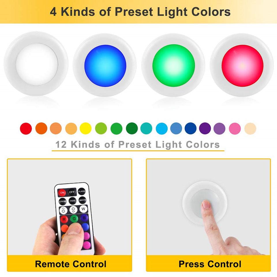 Светодиодный ночник RGB на батарейках, светодиодная лампа под шкаф, шайбовые светильники с пультом дистанционного управления для дома, гардероба, кухни, витрины, украшения