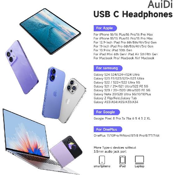 USB C Headphones for iPhone 15 16 Plus Pro Max Headphones Wired Type C Earbuds with Microphone Volume Control USB Type C Earphones for iPad Pro Air