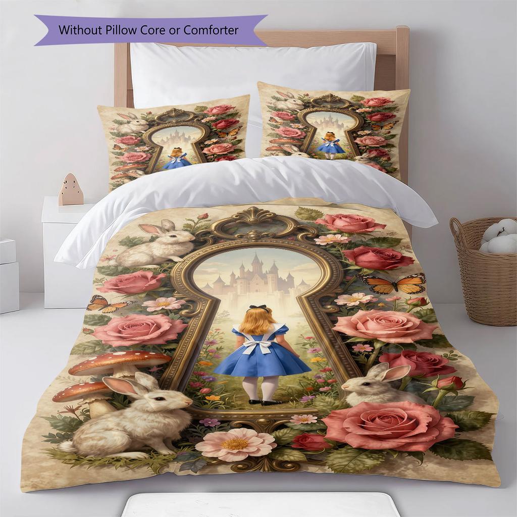 Alice Wonderland Tea Bedding Quilt Set Quilt Cover Pillowcase Home Decoration Birthday Gift (1 * duvet cover + 2 * pillowcase, without core)