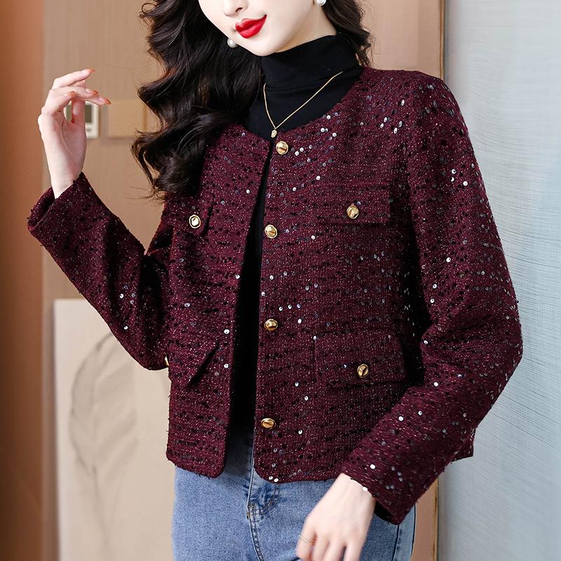 Короткая куртка высокого класса с небольшим запахом для женщин, зимняя, нового стиля, кардиган с пайетками, теплый топ с длинными рукавами