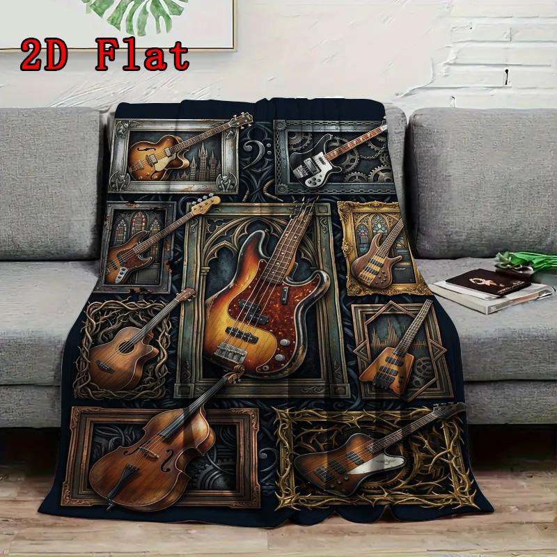 Guitar Collection Showcase 2D Flat Pattern Flannel Blanket, High quality All Seasons, Home Decor, Warmth and Comfort, Perfect for Christmas Gifts.