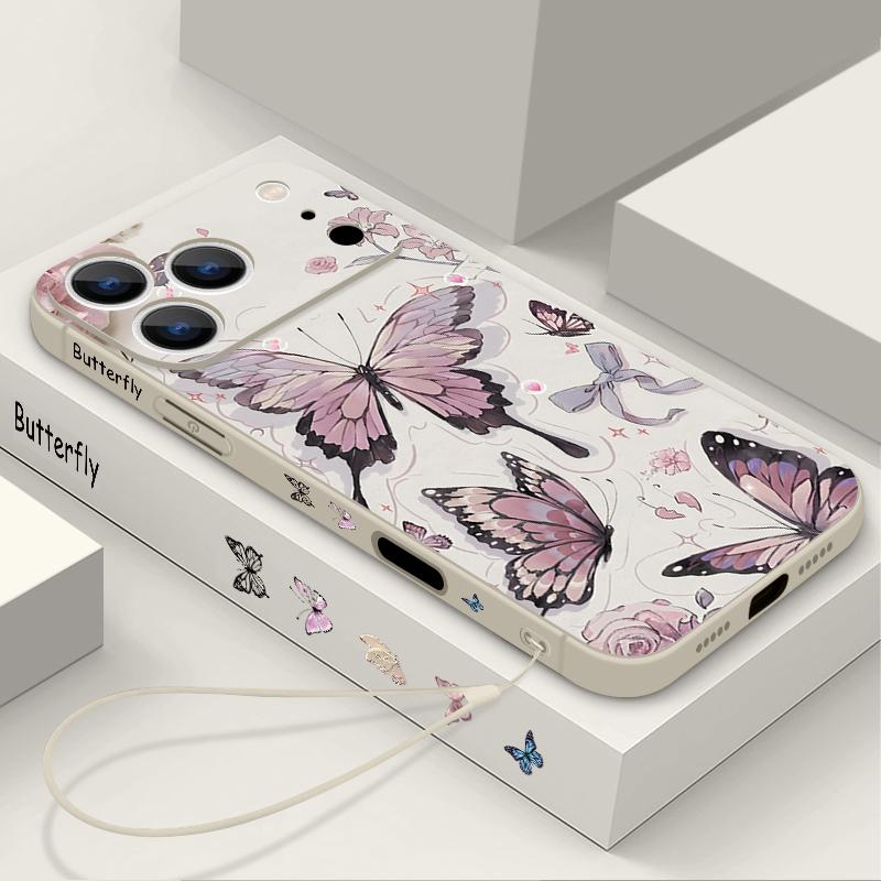 Wrist Strap Lanyard TPU Phone Case For iPhone 17 16 15 Pro Max 13 14 Pro Max 17e 16e 11 Purple Butterfly Soft Silicone Cover