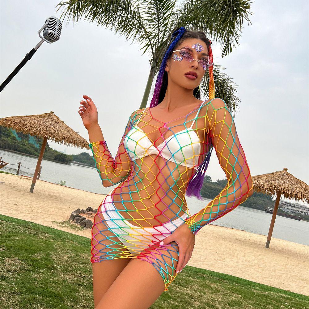 Summer Outfits Transparent Fishnet Tank Tops Bikini Cover Ups Rainbow Swimsuit Women Mesh Dress
