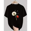 Men's Casual Black Cotton T-Shirt with Dandelion & Ladybug Print - Short Sleeve Round Neck Regular Fit Tee, Machine Washable All-Season Comfortable