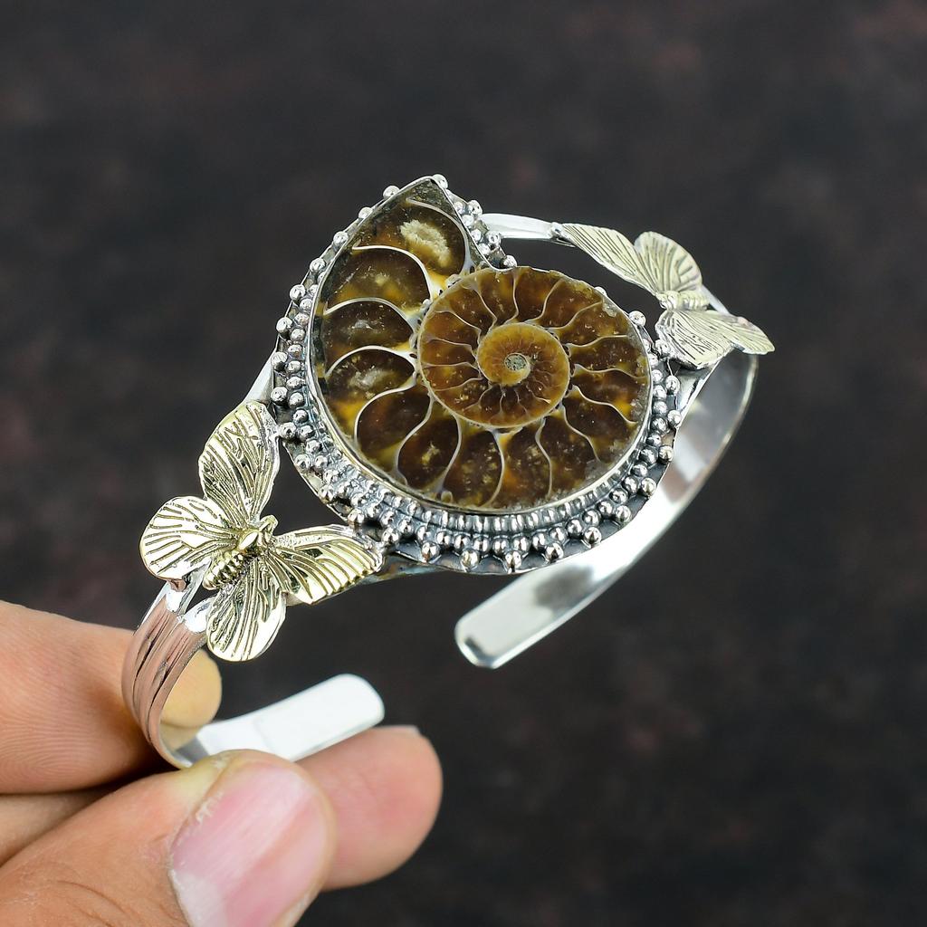 Ammonite Fossil Gemstone Cuff Bracelet 925 Sterling Silver Bangle 18K Gold Plated Butterfly Bangle Handmade Adjustable Cuff Gifts For Women