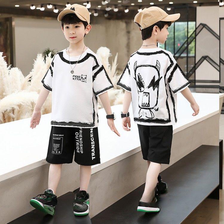 Summer Casual Boys Cotton Contrast T-Shirt Top+Shorts Pant Set School Kids Tracksuit Child 2PCS Outfit