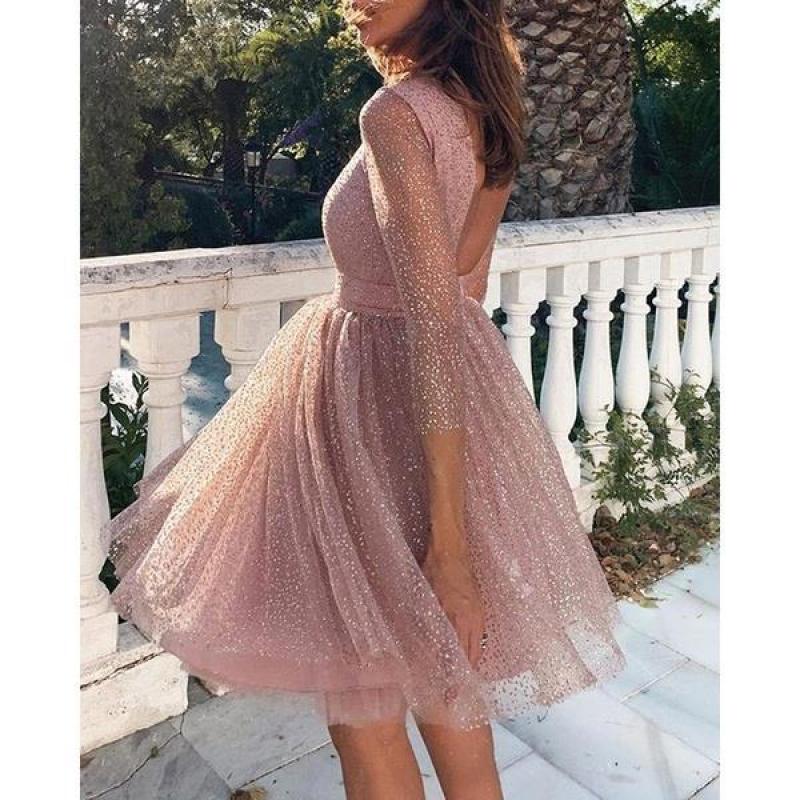 2025 Summer Women's Glitter Sequin Cocktail Dress, Lace High Waist Short Party Dress With Long Sleeves, Sparkling Evening Gown For Formal Events