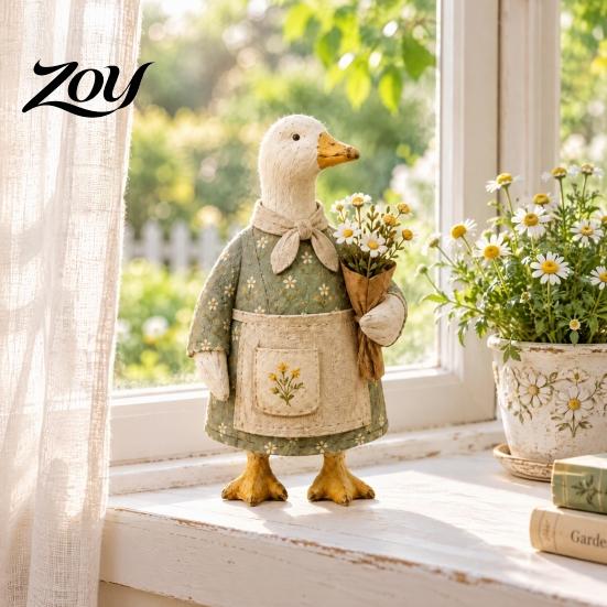 Pastoral Style Decorations Rustic Garden Goose Figurine, Resin Statue with Apron Holding Flowers, Healing Room Accessories Cute Animal Ornament