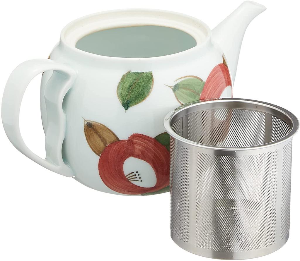 Hasami Ware Teapot with Round Camellia Pattern (Super Stainless Steel with Tea Strainer), 725ml Capacity, Made in Japan, Product Number 60184