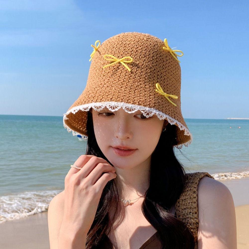 Sunshade Bow Straw Hat Lace Women's Sun Hat Sweet Sunscreen Fisherman Hat Summer