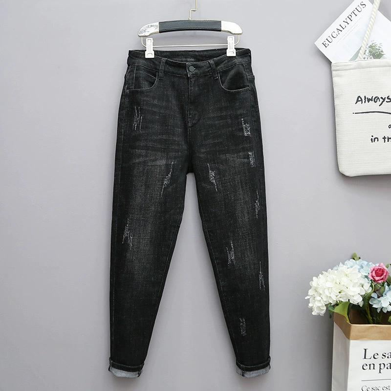 Женские весенние и осенние четырехсезонные тонкие однотонные свободные тонкие повседневные длинные эластичные джинсы больших размеров