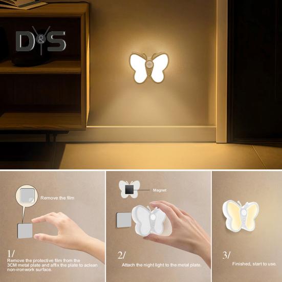 Светодиодный ночник-бабочка с регулируемой яркостью, перезаряжаемый через USB, умный датчик движения, беспроводной ночник, прикроватная лампа