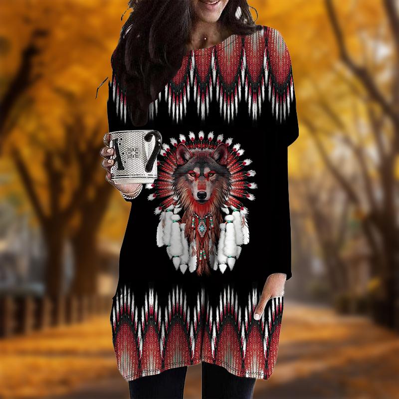 New In Autumn Chief Husky Print Plus Size Dress Women O'neck Long Sleeves Casual Pocket Dresses