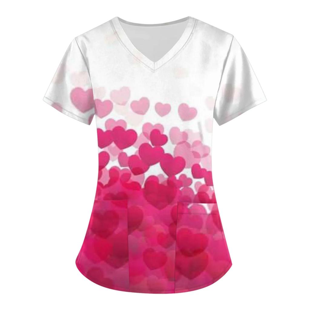 Women Working Uniform Smile Heart Print Cartoon Cat Dog Short Sleeve V-neck Tops Femme Blouse Nurse Work Wear Medical Uniforms