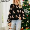 BITCED Women's Red Christmas Sweater with Deer Jacquard Pattern Relaxed Fit, Cute Long-Sleeved Pullover Knit