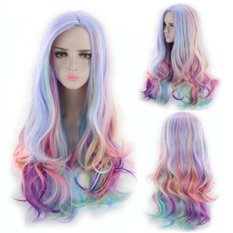 Long Curly Wigs Colorful Rainbow Wig Women Cosplay Synthetic Hair High Temperature Fiber Fake Hair Halloween Party Play Perucas