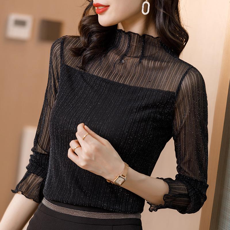 High Neck Mesh Base Shirt for Women Autumn Winter Stylish Interior Small Shirt with Thick Velvet Long Sleeved Lace Top T-Shirts Women’s