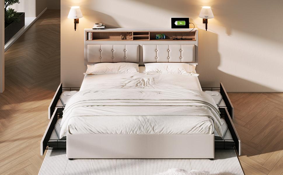 Double Bed with 4 Drawers & USB C Socket, Upholstered Bed 140x200cm, Height-Adjustable Headboard, Wooden Slatted Frame (With Mattress)